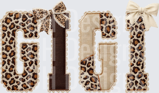 Leopard Print Gigi Applique Letters with Lace Trim and Bows