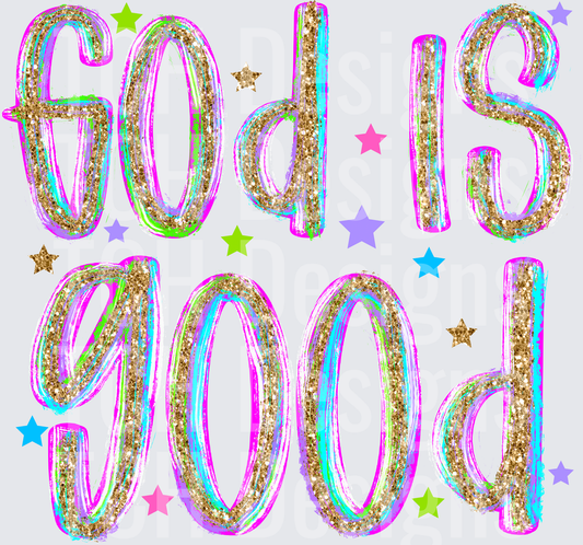 God is Good Glitter Rainbow Text with Colorful Stars