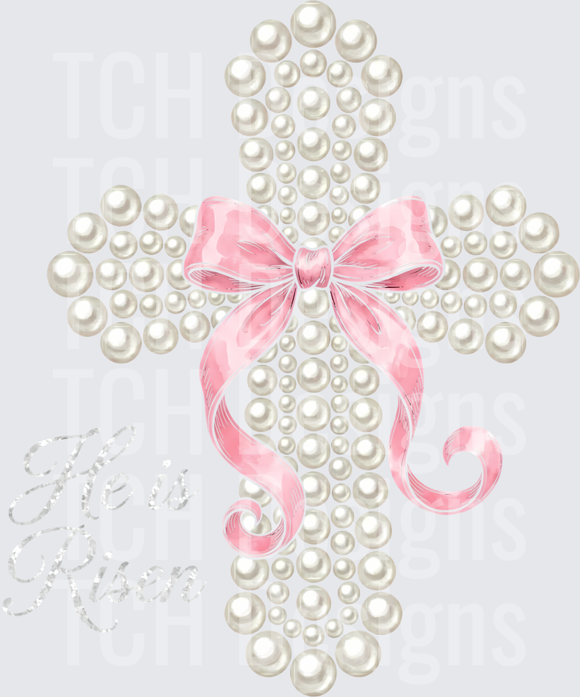 He is Risen Pearl Cross with Pink Ribbon Bow