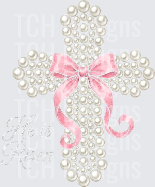 He is Risen Pearl Cross with Pink Ribbon Bow