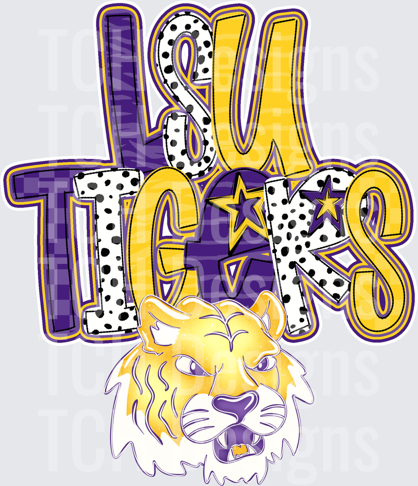 LSU Tigers Bold Mixed Pattern Letter Stack with Tiger Mascot