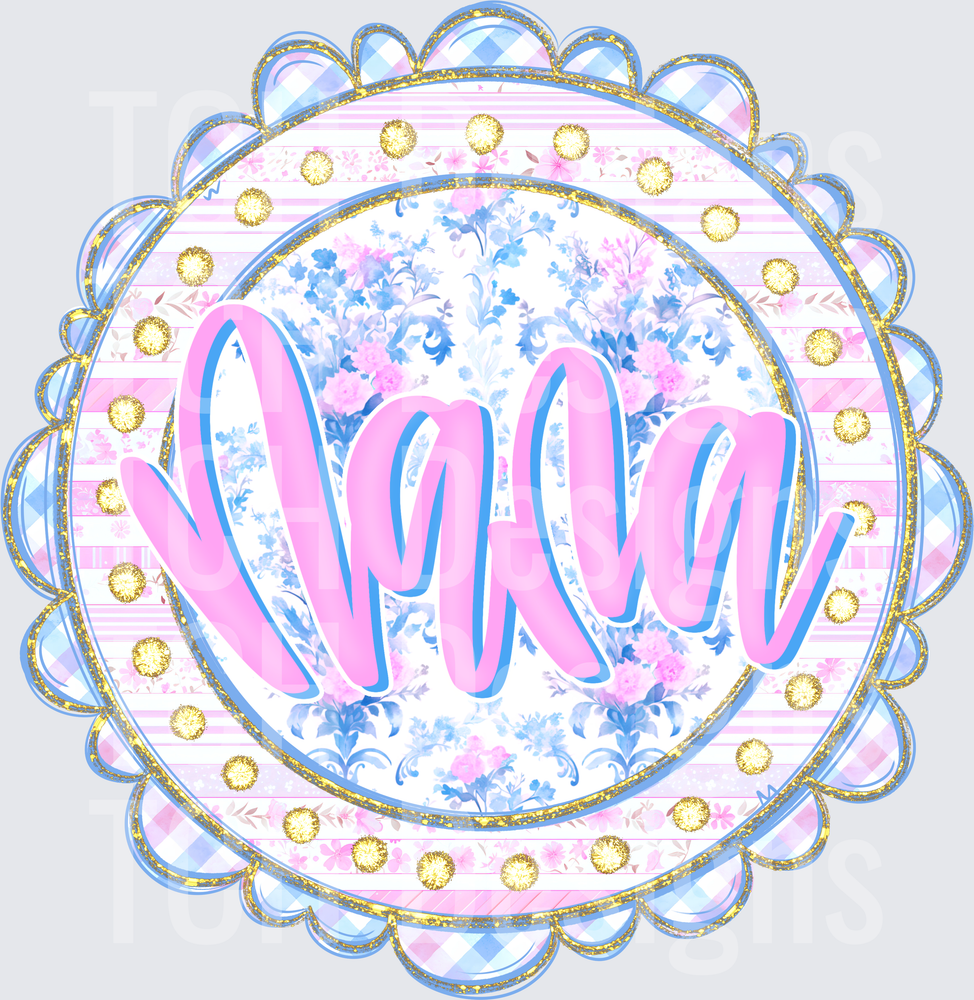Nana Pink Script Floral Blue Scallop Gold Glitter Badge