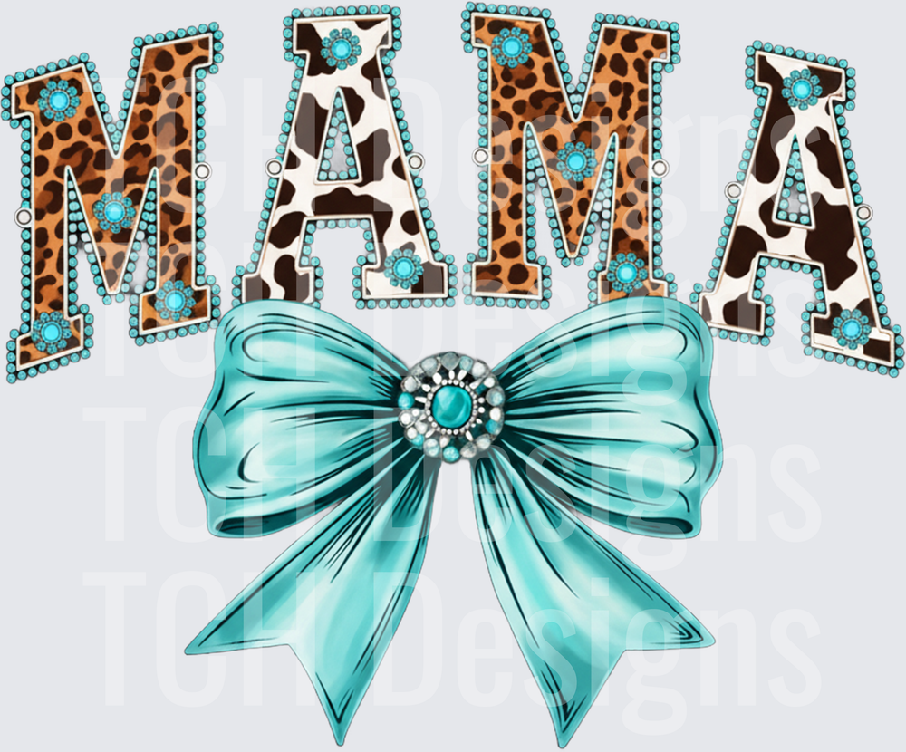 MAMA Leopard Print Letters with Turquoise Rhinestone Bow