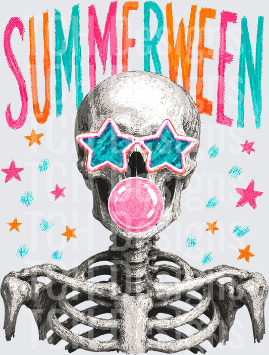 Summerween Skeleton With Star Sunglasses Blowing Bubblegum