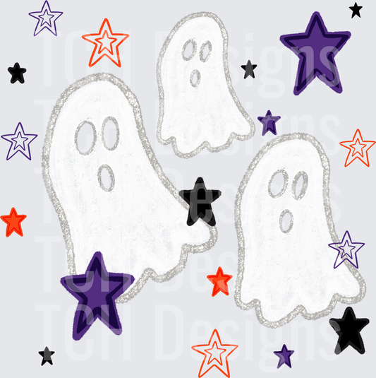 Three Cute Halloween Ghosts with Colorful Stars