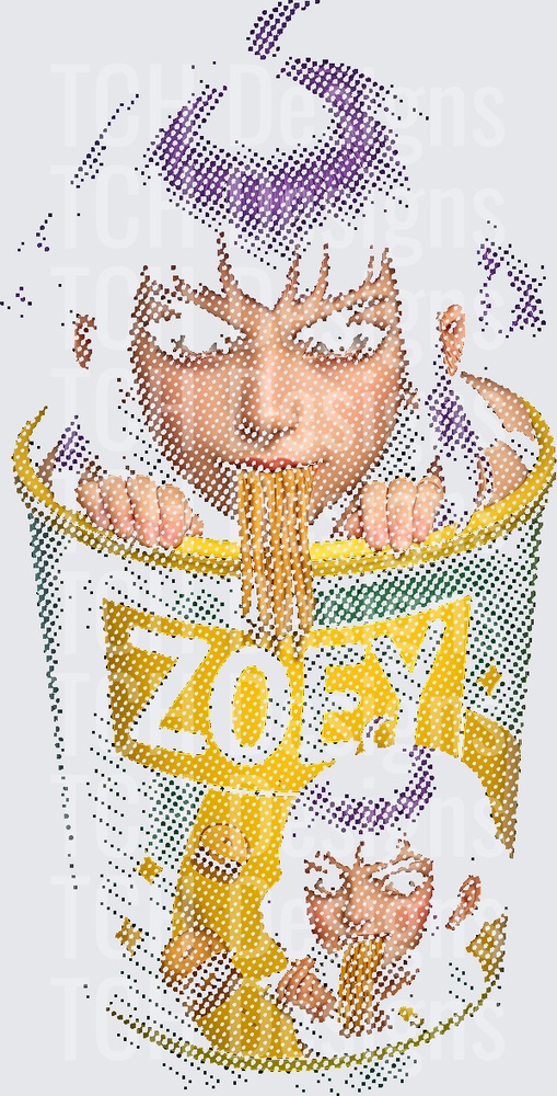Zoey 101 Girl Peeking Out of Ramen Noodle Cup Halftone Art