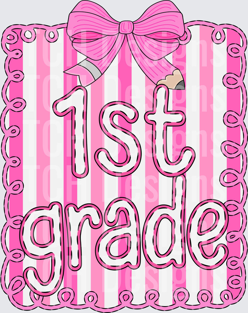 Pink Striped 1st Grade Bow and Pencil Girly School Design