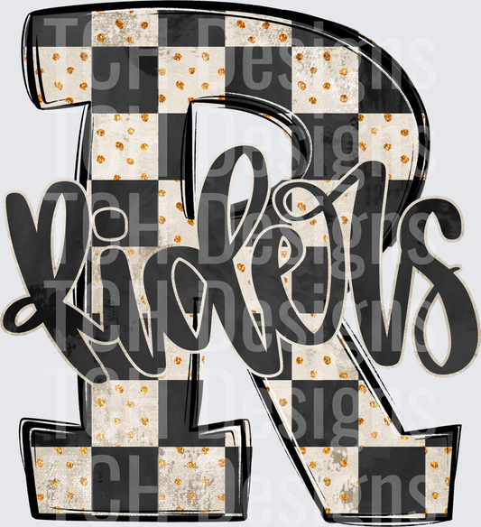Riders Bold Letter R Black Checkered Gold Glitter Dot