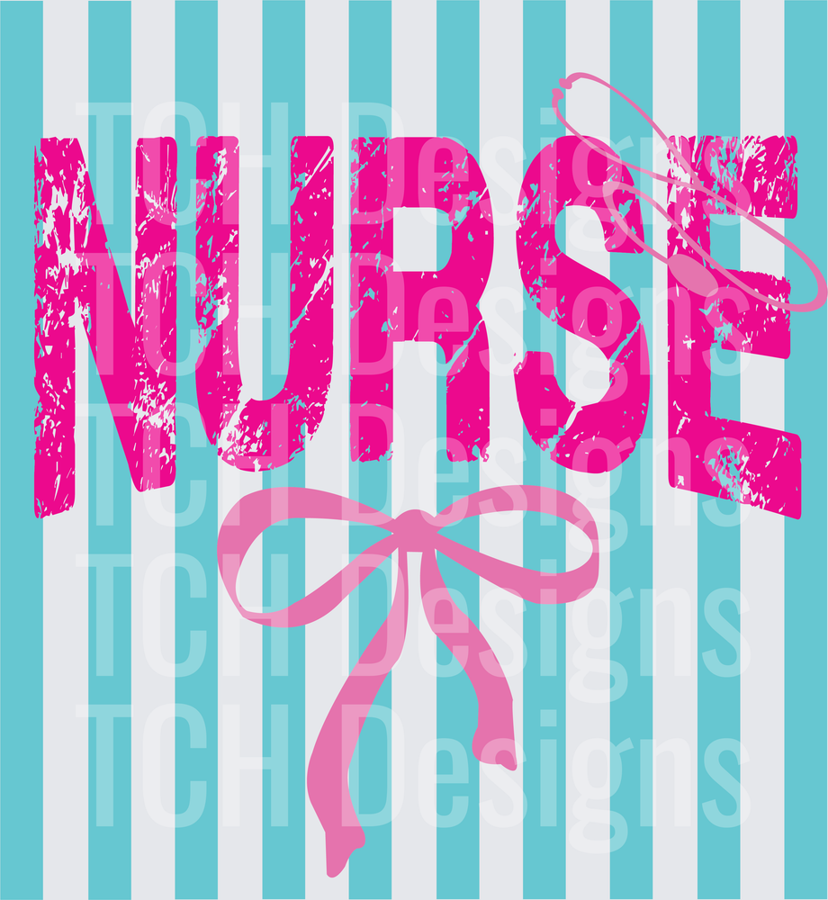 Distressed Hot Pink NURSE Text Stethoscope Pink Bow Stripe