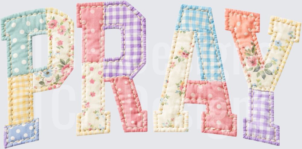 Patchwork Quilted PRAY Letters Floral Gingham Pastel Fabric