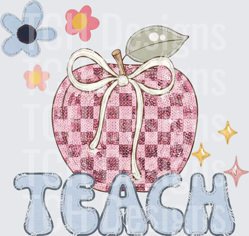 Teach Pink Sequin Checkered Apple Bow Denim Letters Flowers