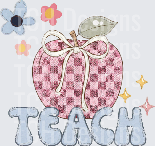 Teach Pink Sequin Checkered Apple Bow Denim Letters Flowers