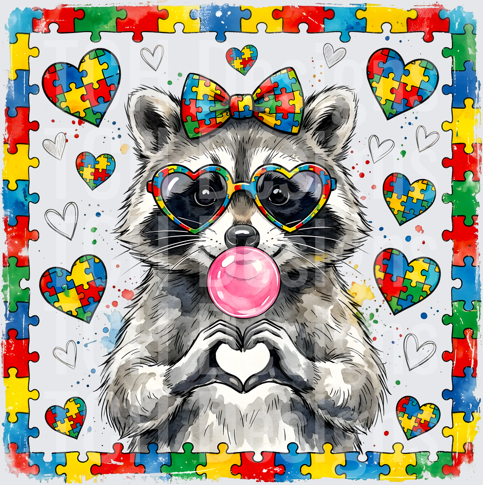 Autism Awareness Raccoon with Heart-Shaped Hands and Puzzle Piece Hearts