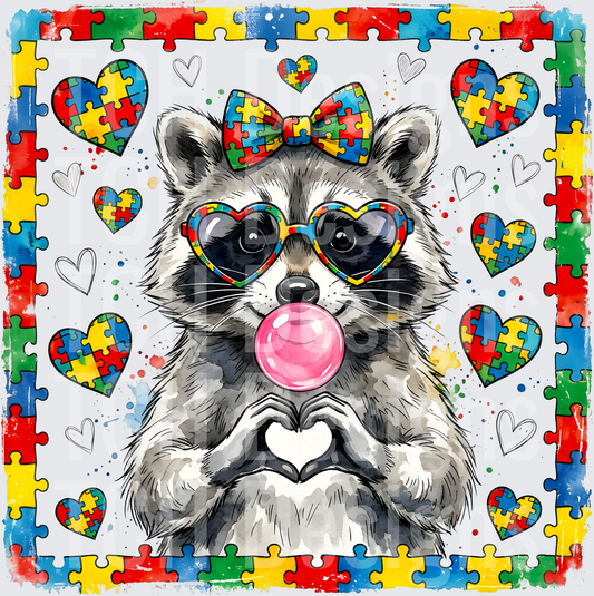 Autism Awareness Raccoon with Heart-Shaped Hands and Puzzle Piece Hearts