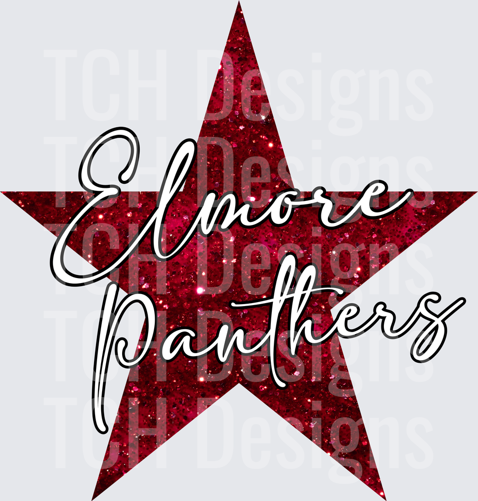 Elmore Panthers Red Glitter Star Script Design