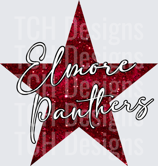 Elmore Panthers Red Glitter Star Script Design