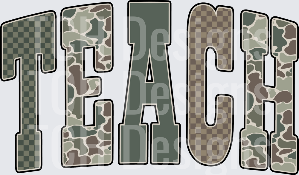 TEACH Bold Varsity Letters Camo Checkered Mixed Pattern