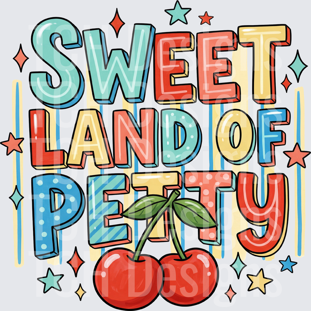 Sweet Land of Petty Colorful Text with Cherries and Stars