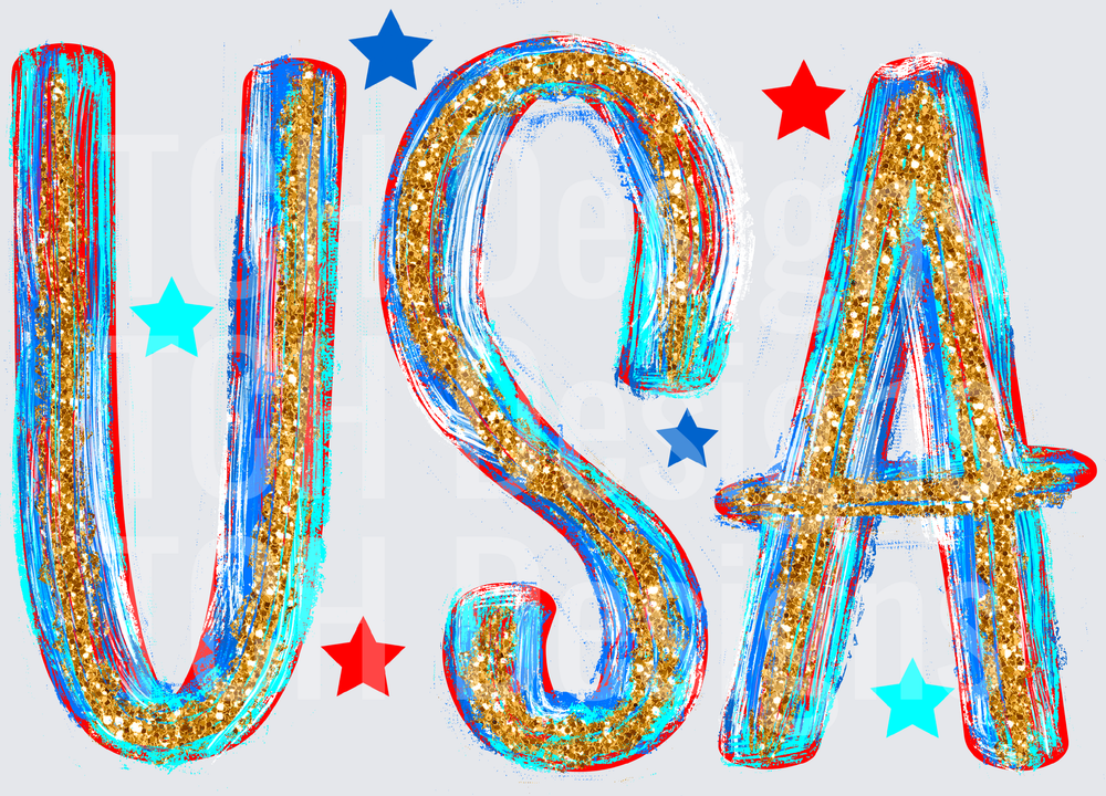 USA Patriotic Red White Blue Glitter Letters with Stars