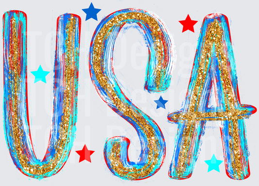 USA Patriotic Red White Blue Glitter Letters with Stars