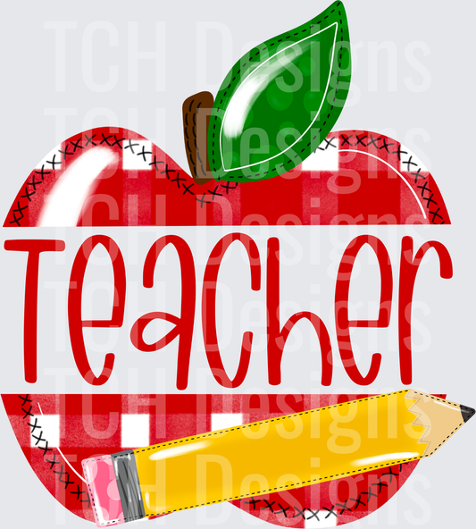 Red Buffalo Plaid Apple with Pencil Teacher Design