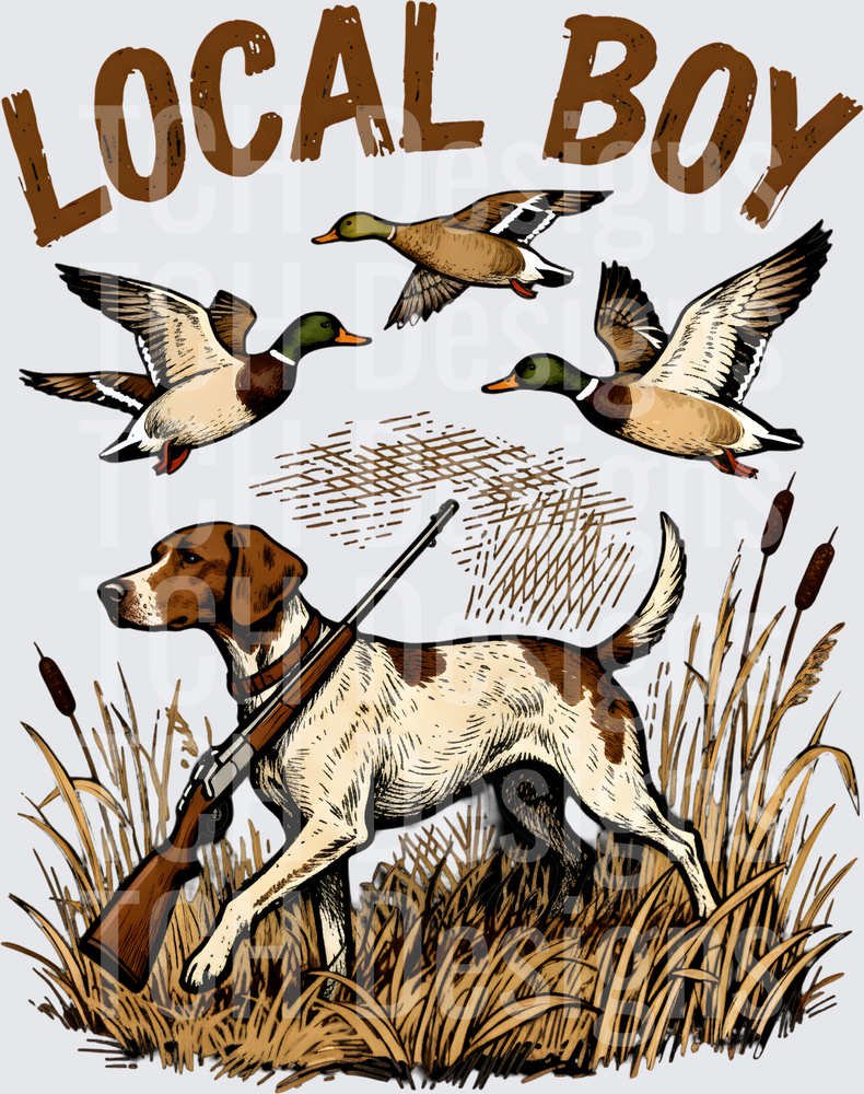 Local Boy Duck Hunting Pointer Dog Mallards Marsh Scene