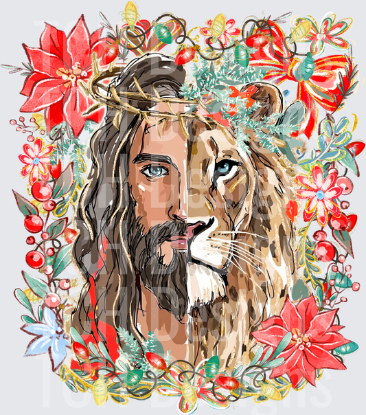 Jesus and Lion of Judah Split Face Christmas Floral Design