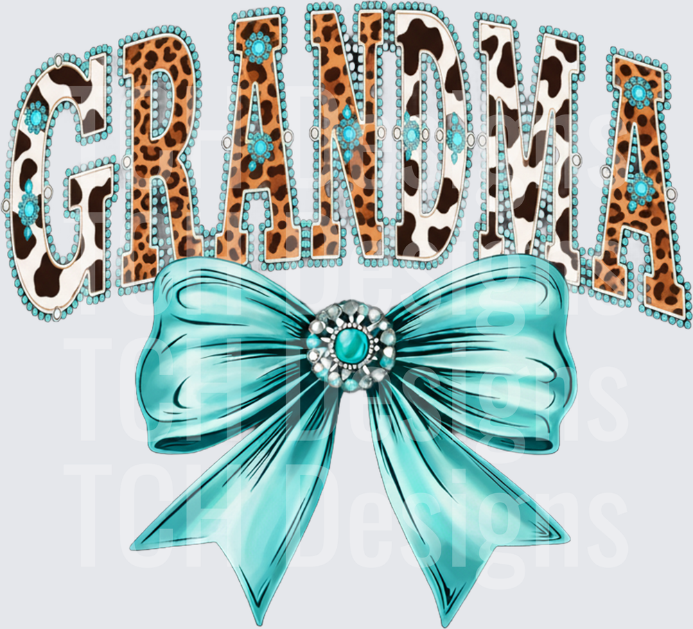Grandma Leopard Print Cow Print Letters with Turquoise Bow