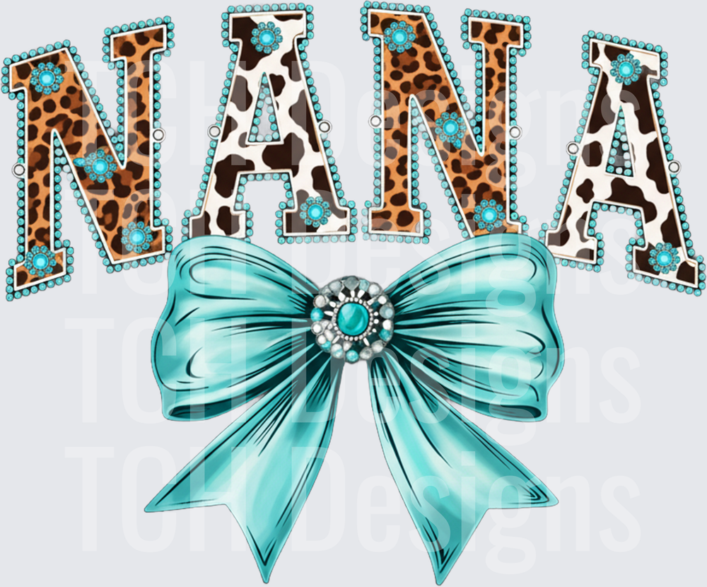 NANA Rhinestone Letters with Leopard Cow Print and Turquoise Bow