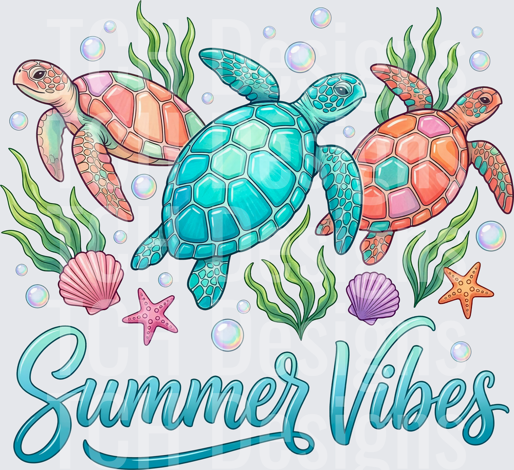 Summer Vibes Sea Turtles Swimming with Seashells and Starfish