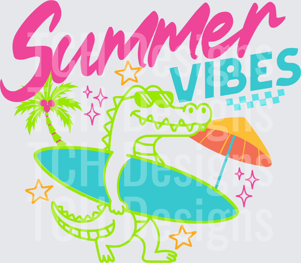 Summer Vibes Alligator with Surfboard Palm Tree and Umbrella