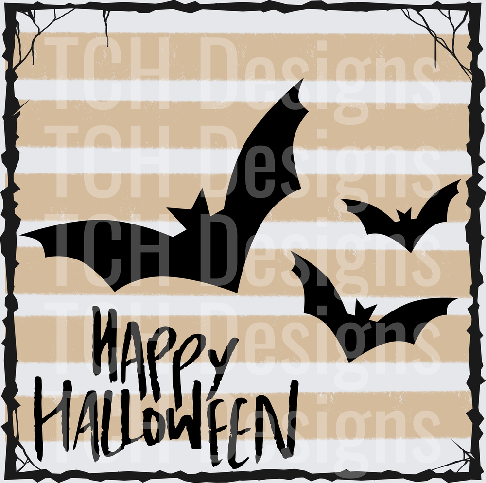 Happy Halloween Flying Bats Tan Stripe Spooky Border