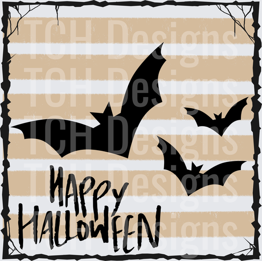 Happy Halloween Flying Bats Tan Stripe Spooky Border