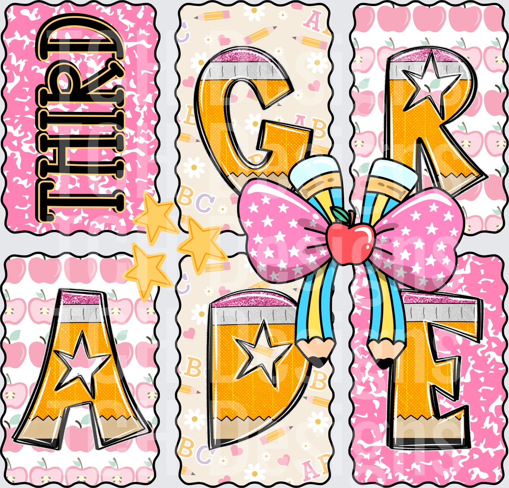 Third Grade Pencil Letter School Pink Bow Apple Design