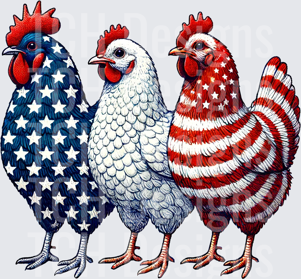 Three Patriotic Chickens in Red White and Blue American Flag Colors