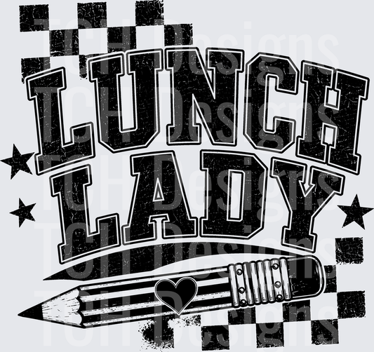 Lunch Lady Varsity Distressed Checkered Stars Pencil Heart