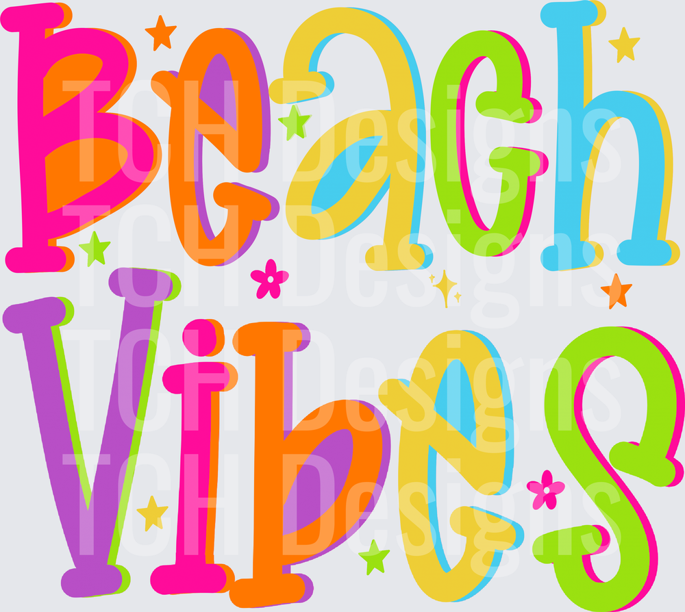 Beach Vibes Colorful Retro Typography with Stars and Flowers