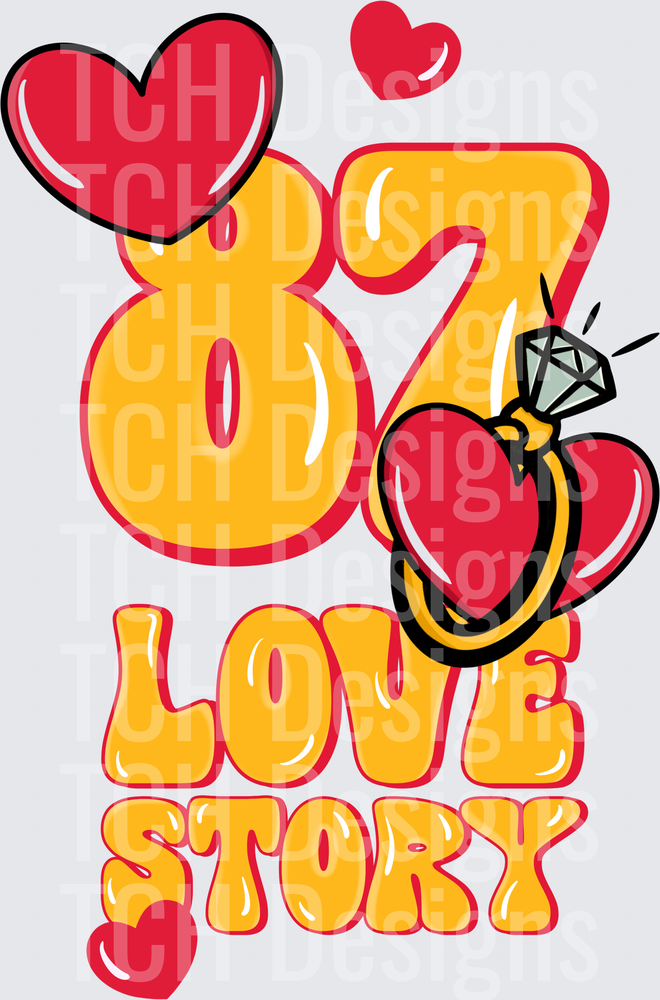 87 Love Story Bold Retro Typography with Hearts and Diamond Ring