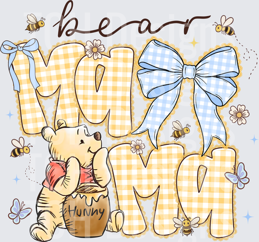 Bear Mom Winnie the Pooh Gingham Pattern with Blue Bow