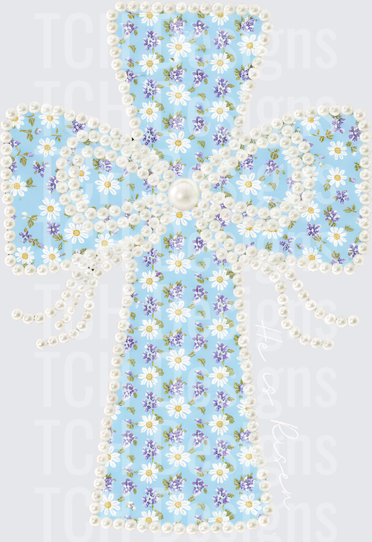 Floral Cross with Pearl Border and Ribbon Bow