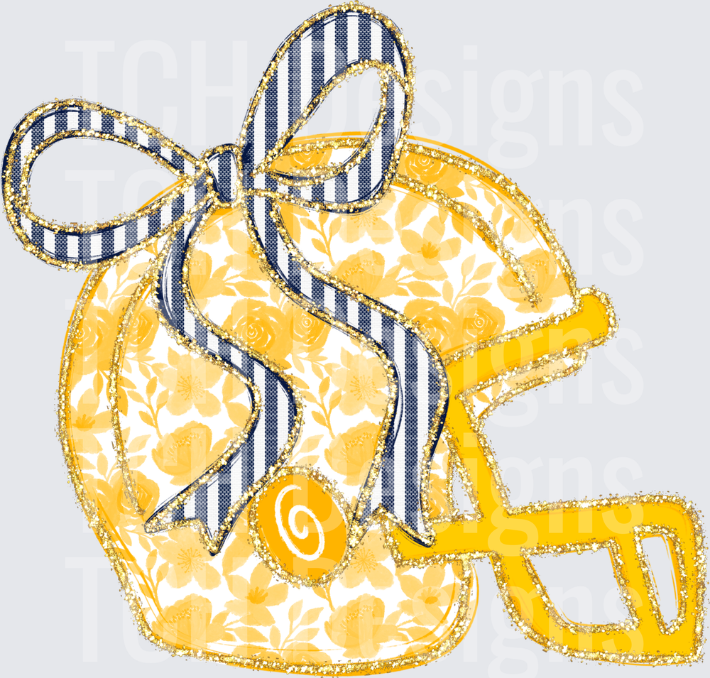 Navy Blue and Gold Floral Football Helmet with Striped Bow