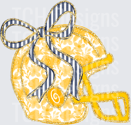 Navy Blue and Gold Floral Football Helmet with Striped Bow