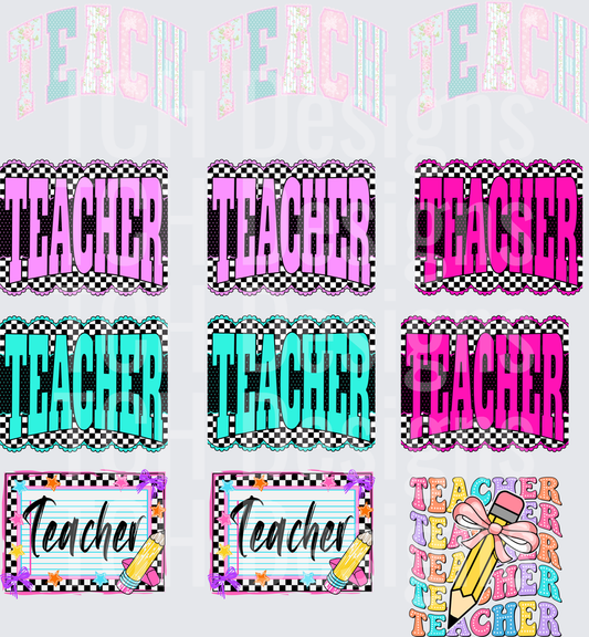 Teacher Bundle Checkered Retro Pencil Bow Varsity Designs