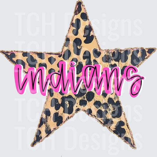 Indians Leopard Print Star Pink Script Logo