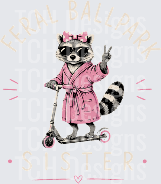 Feral Ball Park Sister Raccoon in Pink Robe on Scooter Peace Sign