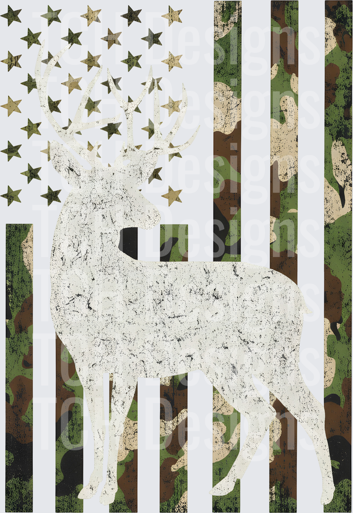 Distressed Camo American Flag Buck Deer Silhouette