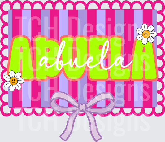 Abuela Pink Striped Frame with Daisies and Purple Bow