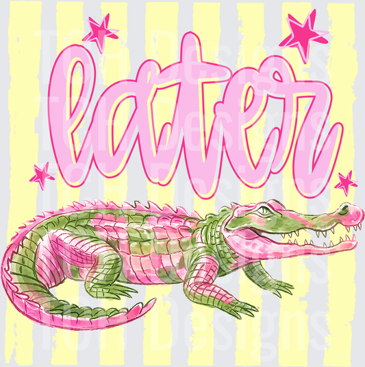 Later Gator Pink Alligator with Stars on Yellow Stripes