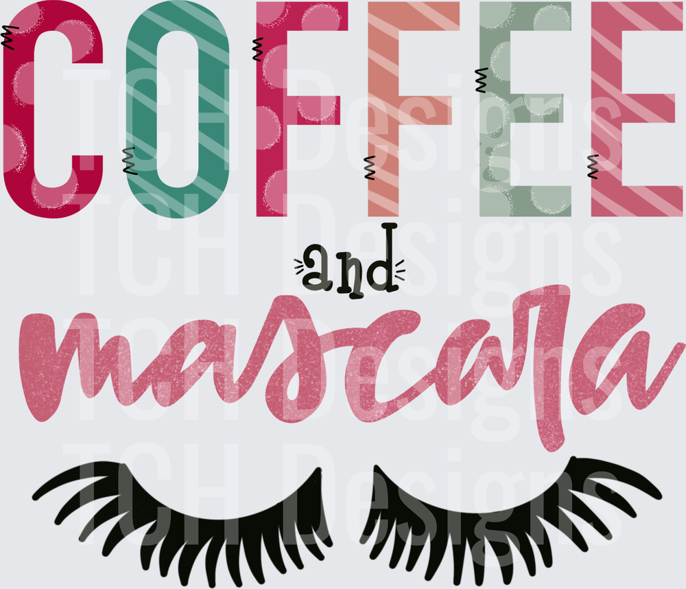 Coffee and Mascara Patterned Letters with Lashes Graphic