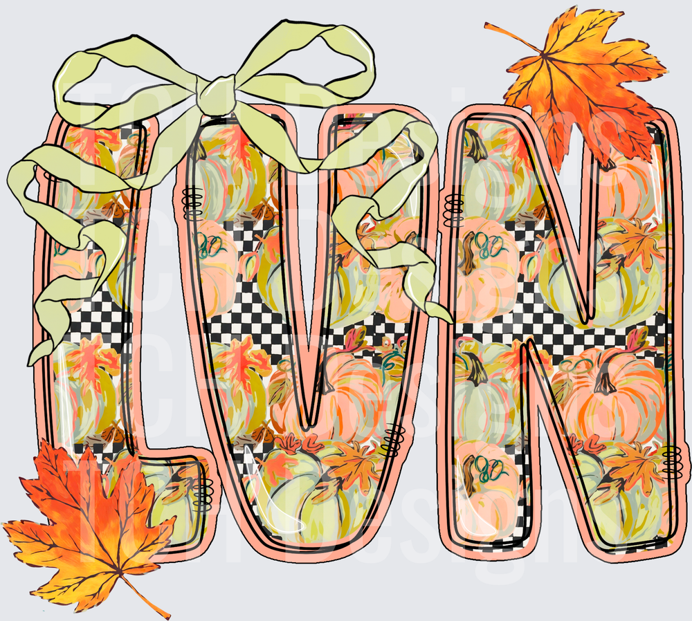 LVN Fall Pumpkin Checkered Letters with Bow and Autumn Leaves